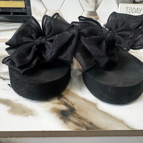 Y2K Black Wedge Heel Thong Sandals Mesh Bow Size 39EU, 8.5-9 US Retro Throw Back - Picture 5 of 10